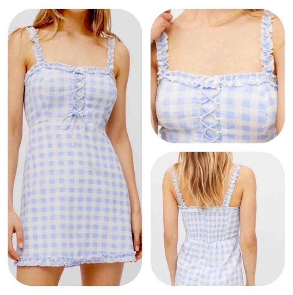 Urban Outfitters Robin Blue Gingham Lace-Up Ruffle Mini Dress Size Medium